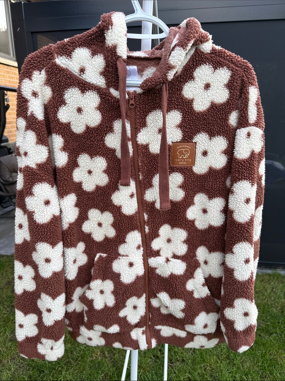 ivory ella Brown and Cream Floral Sherpa Zip Hoodie